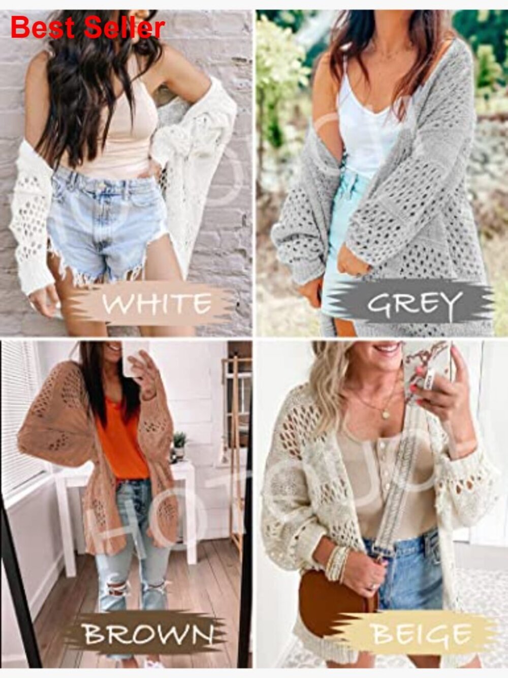 Lightweight Crochet Cardigan Long Sleeve Open Front Knit Sweater - Picture 5 of 7
